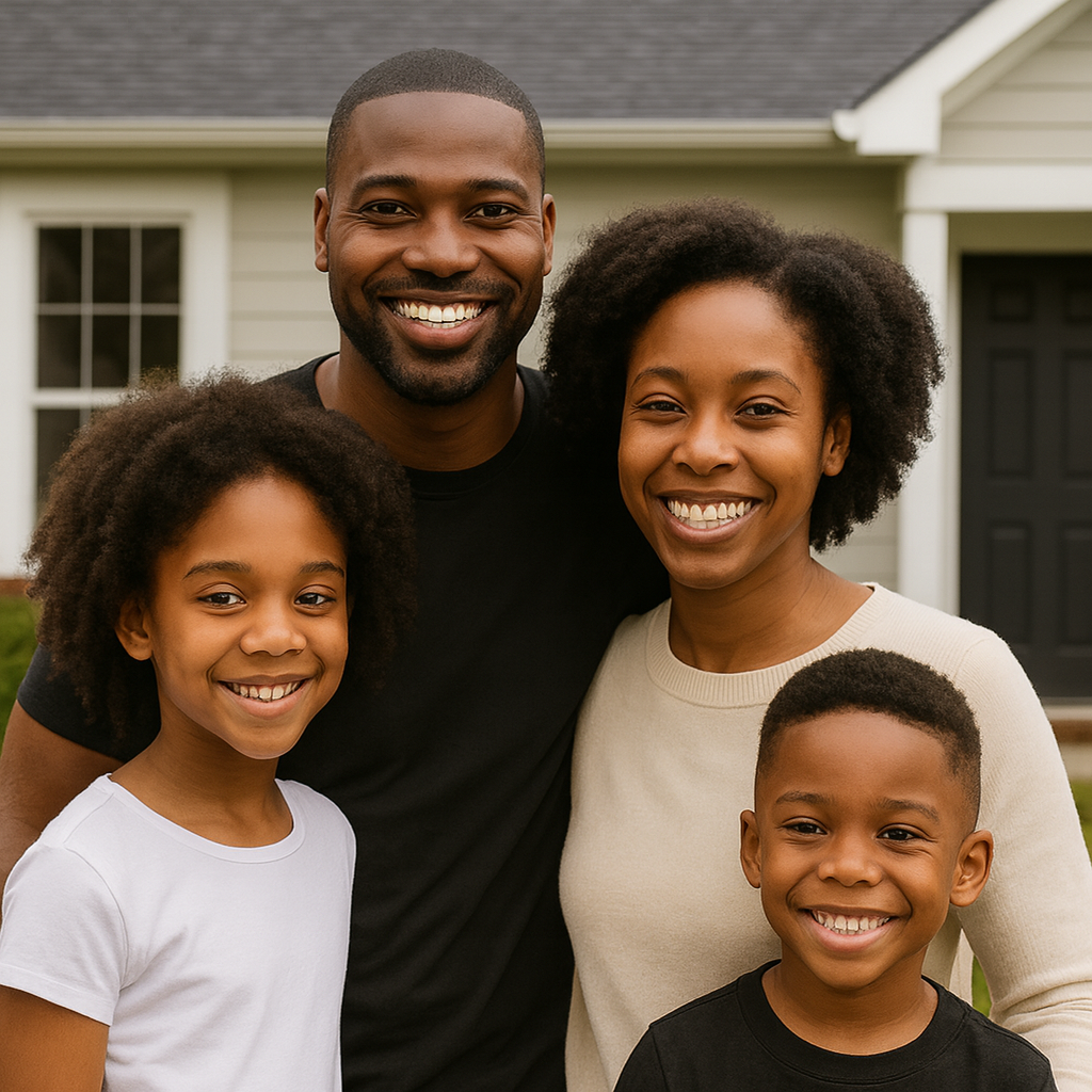 Happy family in front of home